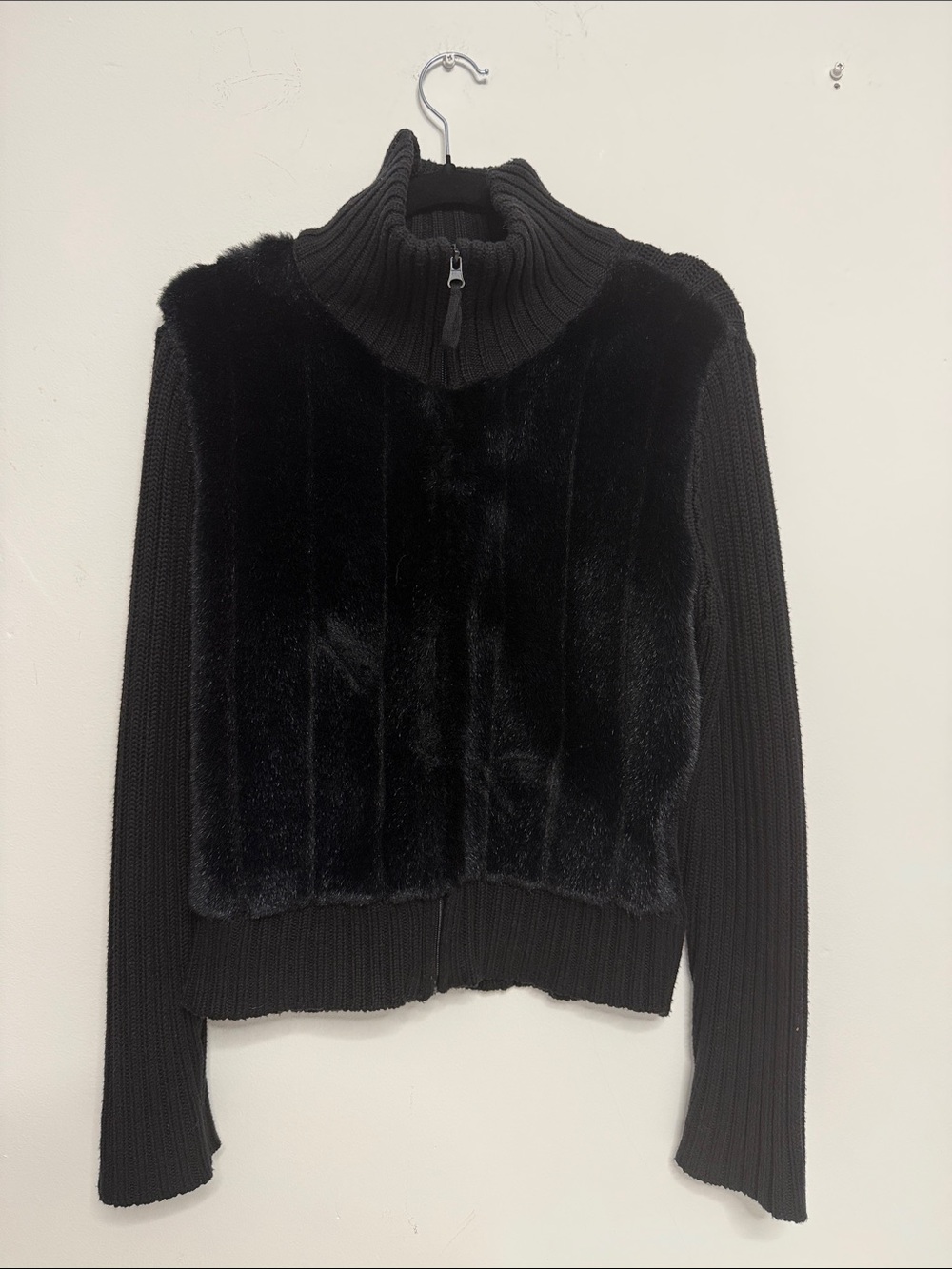 Black Faux Fur Zip-Neck Women's Sweater Jacket